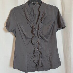 Express Elite Stetch Top Large Gray Ruffle Fitted Satiny Dark Romantic Y2K 18736